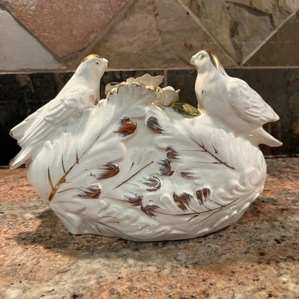 Antique French Vieux Paris Porcelain Bird Centerpiece Bowl Oak Leaf Gold Gilt